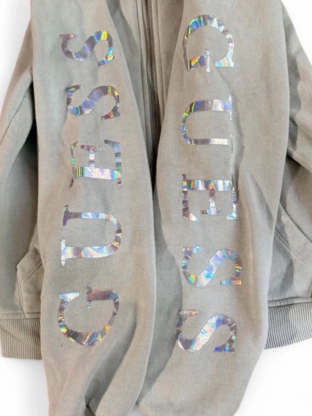 Guess Kids Light Beige Full‑Zip Hoodie with Holographic Sleeve Logos